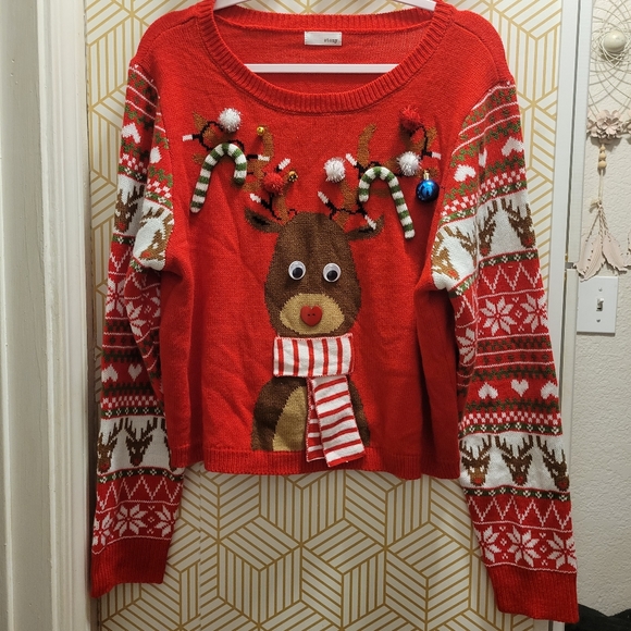 Ugly Christmas Reindeer Candycane 3D Fair Isle Crop Relaxed Sweater M - Picture 2 of 4